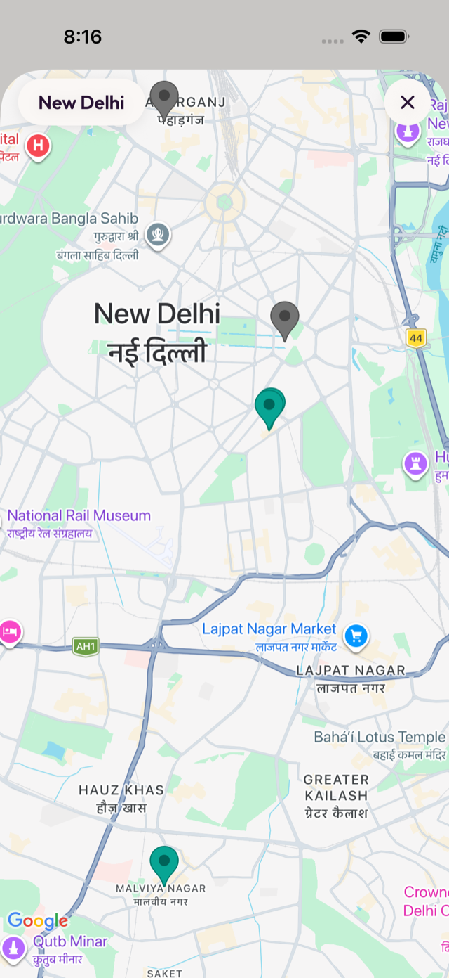 All of a list's plans shown as pins on a map of New Delhi